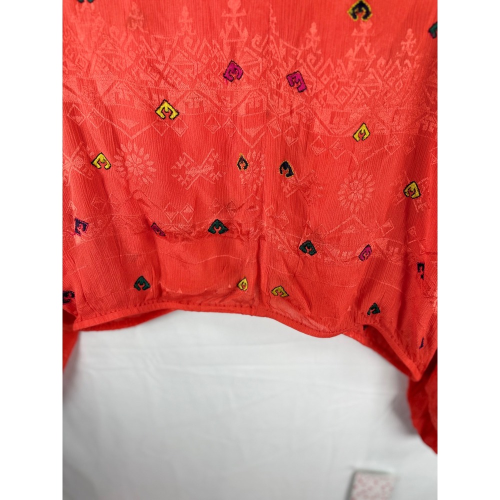 Free People Coral Red Embroidered Boho VNeck Balloon Sleeve Blouse Top Small NWT - Picture 3 of 9